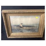 Early Lithograph Print Young Lady in Wdn Flat Boat