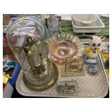 Anniv. Clock w/ Figurine & Carnival Glass Bowl