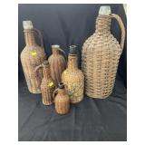 6 Vintage Wicker Covered Bottles