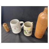 German Stoneware Beer Bottle & 2 Liederkranz Mugs