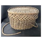 Vintage Splint Woven Doubled Handled Basket w/ Lid