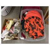 Box of Dollies & Plastic Tote w/ Hunting Clothes