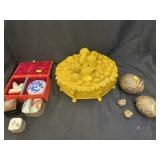 Pottery Covered Dish w/ Figurines & Trinket Boxes