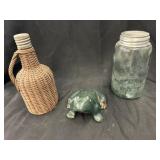 Wicker Bottle w/ Storage Jar & Cast Metal Frog