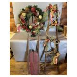 Holiday Wreath, Decorative Ladder, and Wooden Sled