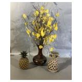 Large Vase with Silks, 2 Wood Pineapple Planters
