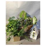 Wicker Basket With Faux Plants and Birdhouse
