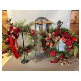 (2) Holiday Wreaths and Wooden Sled Group