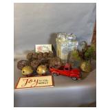 Holiday Decor Lot with Red Truck and Orbs