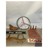 Wooden Duck, Metal Grate & Signs