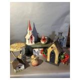 Garden Decor Lot with Birdhouses and Figures