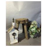 Primitive Wood Stool, Birdhouse, Faux Plant
