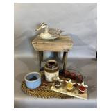 Painted Duck Decoy, Ceramic Crocks, and Votive