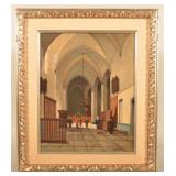Mid-20th C. Oil on Canvas Church Interior