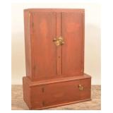 Tabletop 2-Door Over 1-Door Red Cupboard
