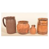 Unglazed Redware "CLF" Beanpot & Other Pieces