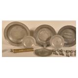 Collection of Pewter Plates, Spoons & Brass Grater