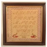 Antique Dated 1865 Sampler w/ Reclining Dogs