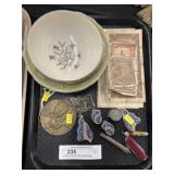 Foreign Currency w/ Pocket Knives/Chinaware Plates