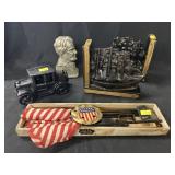 Bookends w/ Automotive Flag Holders & Toy Car