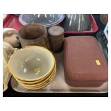 Spice Tin w/ Wooden Canisters & Redware Bowls