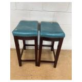 Pair Blue Leather Upholstered Bar Stools
