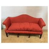 Red Damask Upholstered Camelback Settee