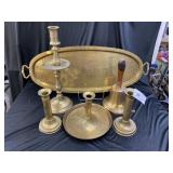 Brass Platter w/ Hand Bell & Candlesticks