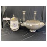 Pewter Candlesticks w/ Center Bowl & Pitcher