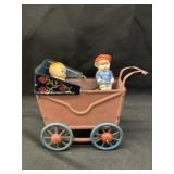 Tin Litho Doll Stroller w/ Porcelain & Comp. Dolls