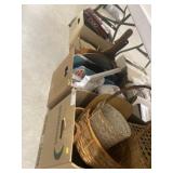 4 Boxes of Woven Baskets, Baking Sheets, & Purses