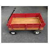 Red and Wood Pull Wagon with Rubber Tires