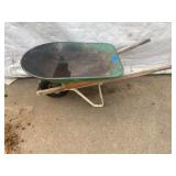 Green Metal Wheelbarrow with Wooden Handles