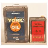 York Compressor Oil 5-Gal. & Baker Castor Oil Tins