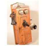 Early-20th C Oak Hand-Cranked Wall Phone