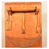 Primitive Wood Dough Board, Bowl, Utensils Display