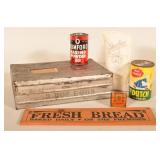 Vintage Stenciled Metal Egg Carrier & Advertising