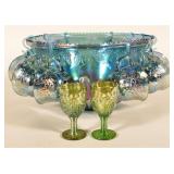 Iridescent Blue Indiana Glass Carnival Punch Bowl