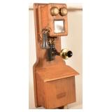 Antique Glass Front Oak Wall Telephone