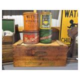 Advertising Tins w/ Wooden Shipping Box