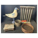 Folkart Bird w/ Candle Mold, SIfter & Bureau Box