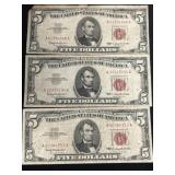 (3) Red Seal 1963 $5 Dollar Bills