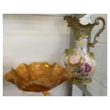 Carnival Glass Footed Bowl & Porcelain Pitcher