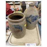 (2) Blue Slip Dec. Stoneware Jug w/ Storage Crock