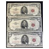 (3) $5 Red Seal Bills