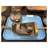 Tin Feed Scoops w/ Stoneware Jug