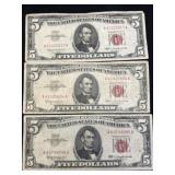 (3) $5 Red Seal Bills