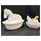 (2) Milk Glass Covered Canisters