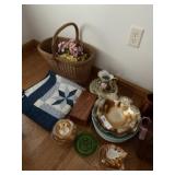 Woven Basket w/ Dec. Glassware & Serving Dishes
