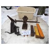 Vintage Auto Screw Jack, Saw Vice & Wedges